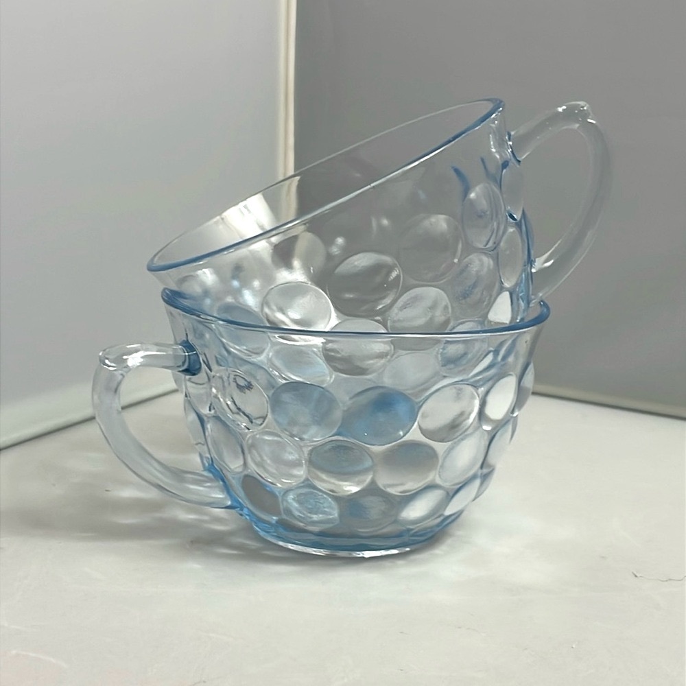 Pair Anchor Hocking Blue Bubble Flat Cup Glass 1940s